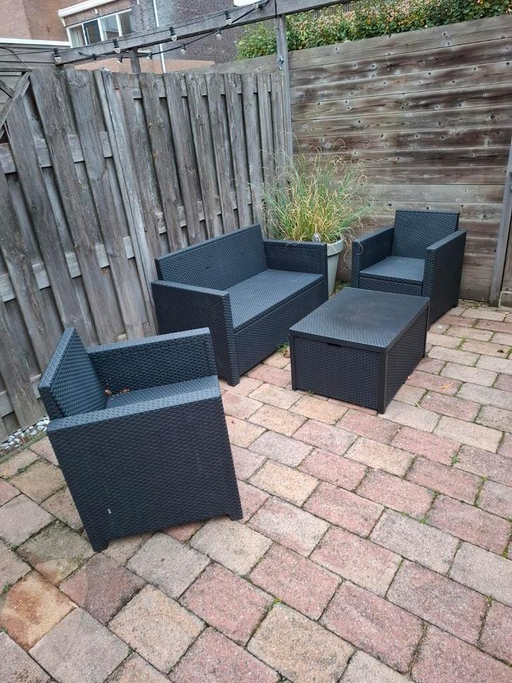 Kunststof Tuinset met Kussens, Tuin en Terras, Tuinsets en Loungesets, Gebruikt, Tuinset, Kunststof, 4 zitplaatsen, Bank, Eettafel