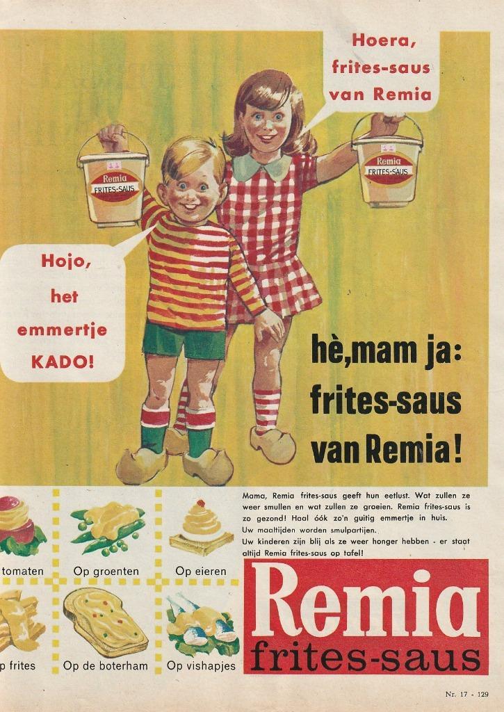 Retro reclame 1966 Remia frites-saus emmertje cadeau, Verzamelen, Retro, Overige typen, Verzenden