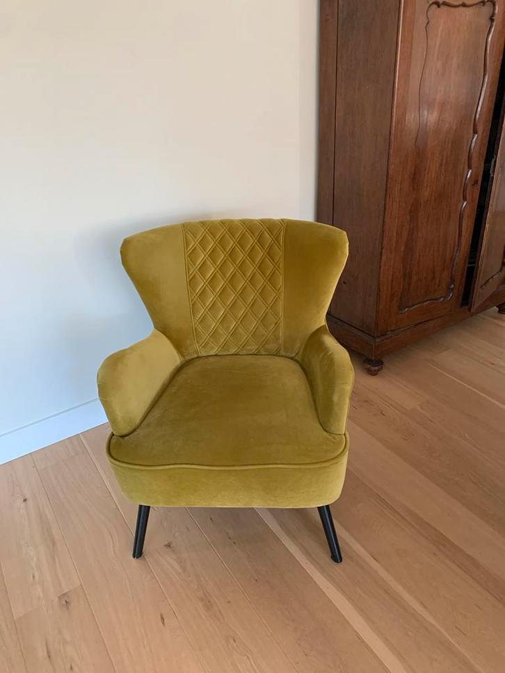 Gele fauteuil met ruitpatroon, Huis en Inrichting, Fauteuils, Zo goed als nieuw, Stof, 50 tot 75 cm, Ophalen