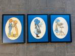 3 Geborduurde Schilderijen In Lijsten Set Vintage Handwer, Ophalen