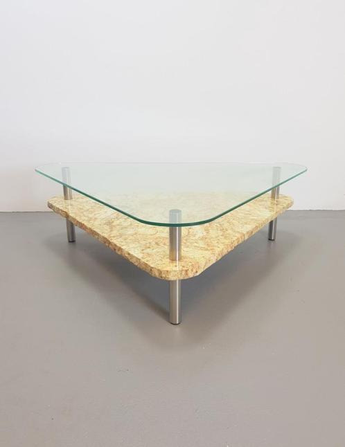 Vintage traingel brutalist salontafel marmer glas tafel '70, Huis en Inrichting, Tafels | Salontafels, Gebruikt, Minder dan 50 cm