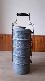 EMAILLE GRIJSGEWOLKTE 5 PANS RANTANG/ETENSDRAGER., Ophalen of Verzenden
