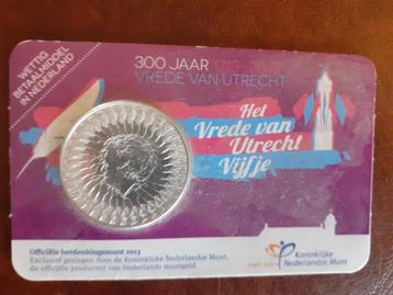 Zilveren vijf euro-munt: 300 jaar Vrede van Utrecht UNC beschikbaar voor biedingen