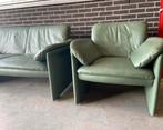Leolux 2 zits bank groen leer met fauteuil & gordijnen, Huis en Inrichting, Gebruikt, 150 tot 200 cm, Tweepersoons, Ophalen of Verzenden