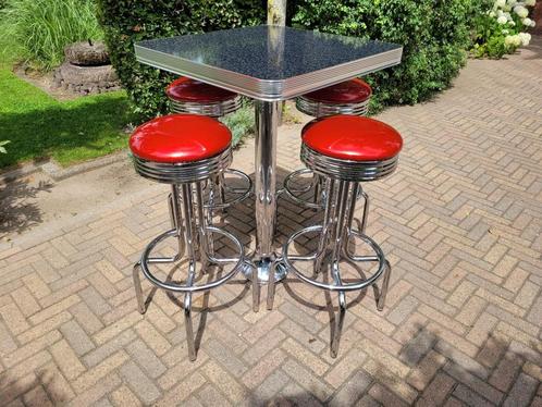 vierkante Bel Air bartafel + barkrukken sixties fifties, Huis en Inrichting, Barkrukken, Zo goed als nieuw, 60 tot 90 cm, 4 krukken