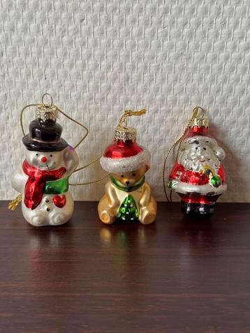 3 Kleine Vintage Glazen Kerstballen, Sneeuwpop Kerstman Beer beschikbaar voor biedingen