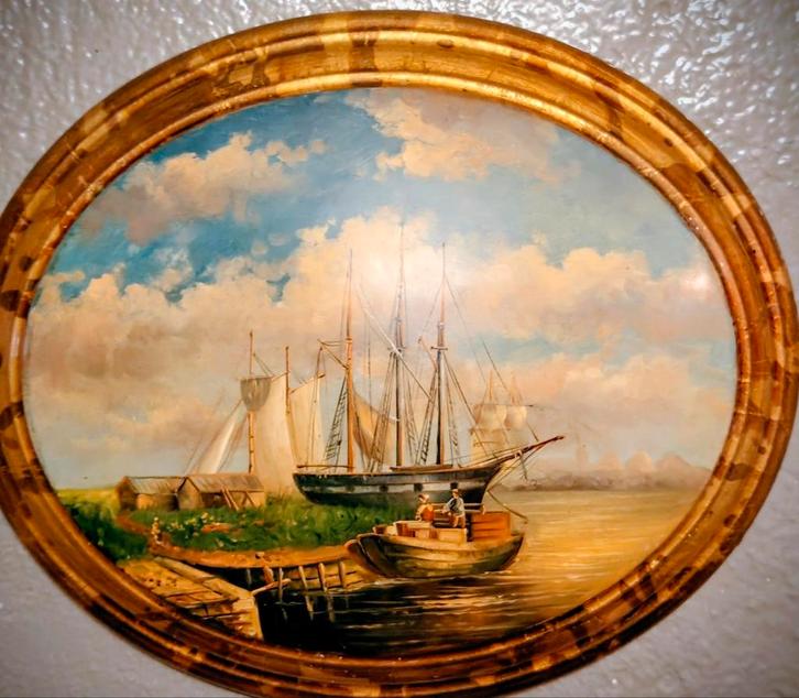 Antieken wandbord met scheepstafereel, Antiek en Kunst, Kunst | Schilderijen | Klassiek, Ophalen