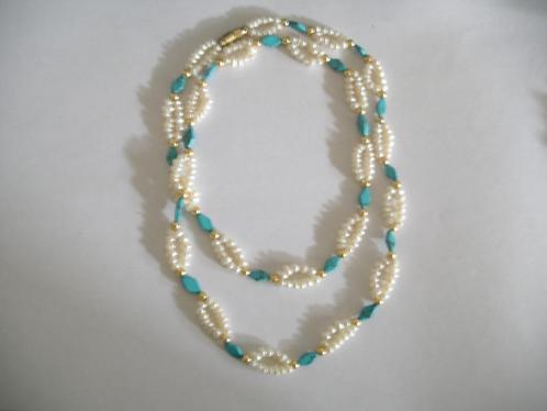 Een Lange Zoetwater Parel ketting met Turquoise edelstenen, Sieraden, Tassen en Uiterlijk, Antieke sieraden, Ketting, Overige materialen