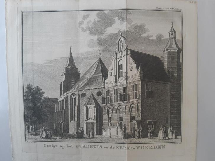 U011 / Stadhuis en Kerk Woerden Kopergravure uit 1750, Antiek en Kunst, Kunst | Etsen en Gravures, Ophalen of Verzenden