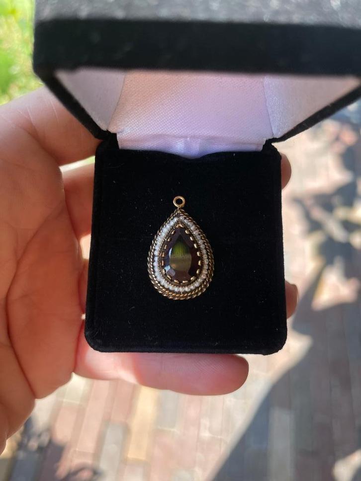 Vintage hanger / pendant - 14K goud met granaat + zaadparels, Sieraden, Tassen en Uiterlijk, Antieke sieraden, Hanger, Goud, Met edelsteen