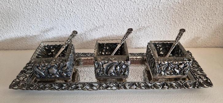 Vintage Djokja zilveren set met drie specerijen schaaltjes, Antiek en Kunst, Antiek | Goud en Zilver, Zilver, Ophalen of Verzenden