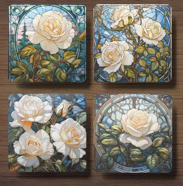 Witte Rozen Glas in Lood onderzetters met houder beschikbaar voor biedingen
