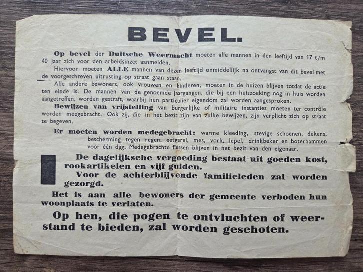 BEZETTING – “BEVEL.” Arbeidsinzet oproep 17–40 jaar (WOII), Verzamelen, Militaria | Tweede Wereldoorlog, Overige soorten, Foto of Poster