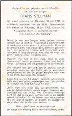 Steeman Frans 1945 Alkmaar 1962 Alkmaar, Ophalen of Verzenden, Bidprentje