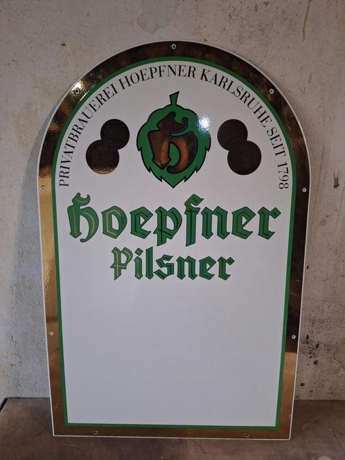 Emaille bier bord Hoepfner Pilsener duits bier, Verzamelen, Biermerken, Gebruikt, Reclamebord, Plaat of Schild, Overige merken