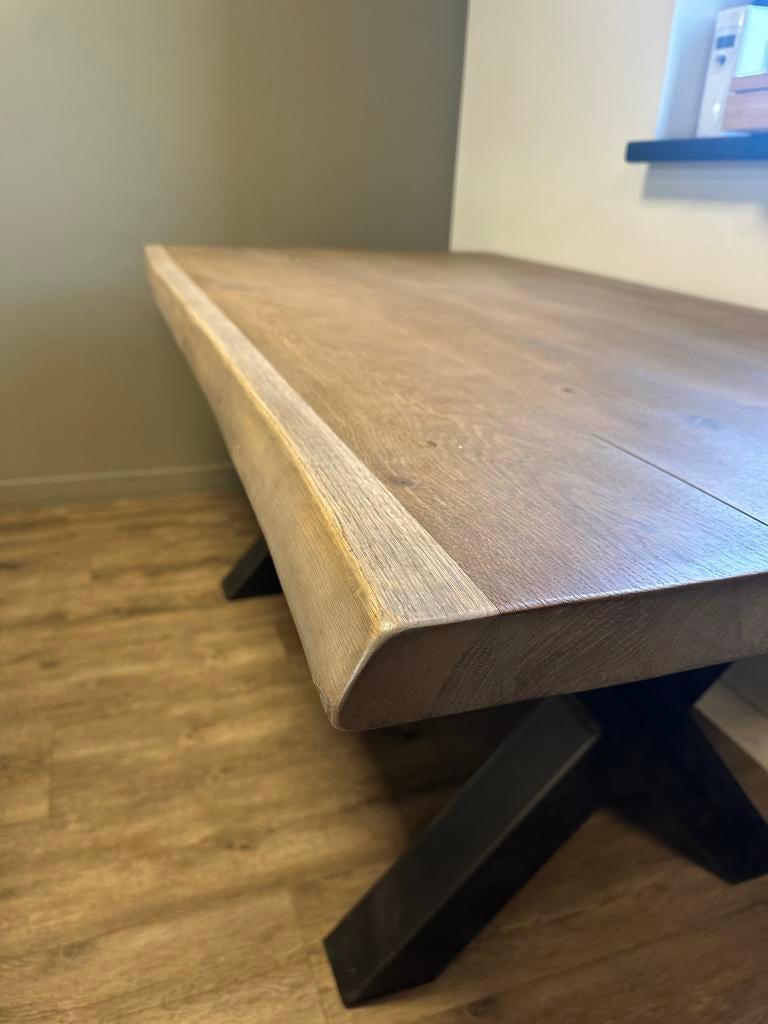 Robuuste landelijke tafel met metalen kruispoot 180x100, Ophalen, Gebruikt, 50 tot 100 cm, Vijf personen of meer