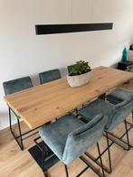 Prachtige boomstam / bartafel met zes barkrukken  petrol, Huis en Inrichting, Tafels | Eettafels, 200 cm of meer, 50 tot 100 cm