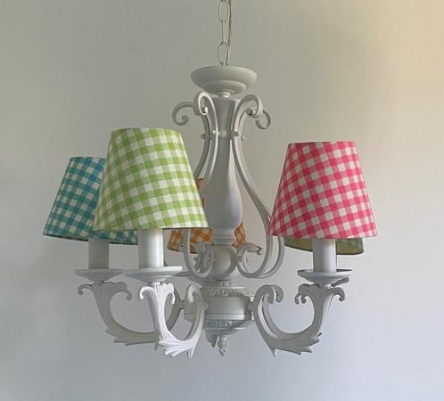 Mooie kroonluchter / hanglamp met klempkapjes, Huis en Inrichting, Lampen | Kroonluchters, Zo goed als nieuw, Metaal, Stof, Ophalen