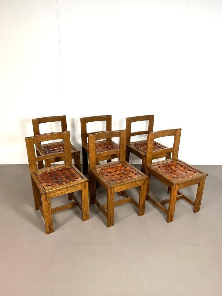 Vintage design Franse brutalistische eiken stoelen jaren 60, Huis en Inrichting, Stoelen, Gebruikt, Bruin, Ophalen