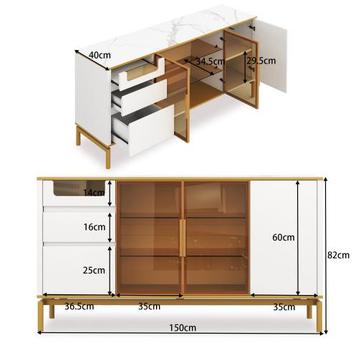 Elegant dressoir 150Lx40Bx80H cm, wit, marmeren werkblad, beschikbaar voor biedingen