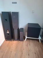 ELAC speakers en REL Q100E subwoofer set, Gebruikt, Complete surroundset, 120 watt of meer, Ophalen