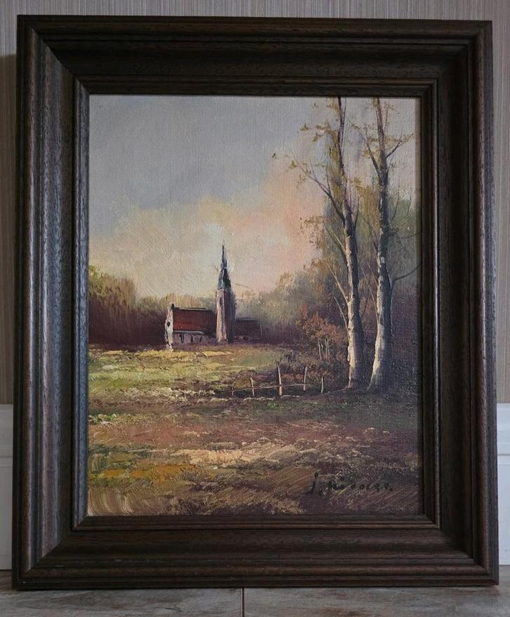 Rustiek boomlandschap met Oude kapel - Gesign. olieverfsch., Antiek en Kunst, Kunst | Schilderijen | Klassiek, Ophalen of Verzenden