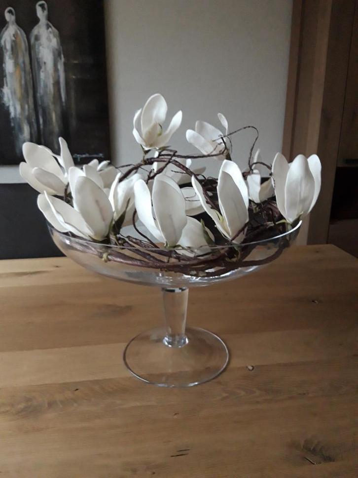 Te koop: Mooie glazen schaal op voet met PTMD magnoliakrans, Huis en Inrichting, Woonaccessoires | Schalen en Manden, Zo goed als nieuw