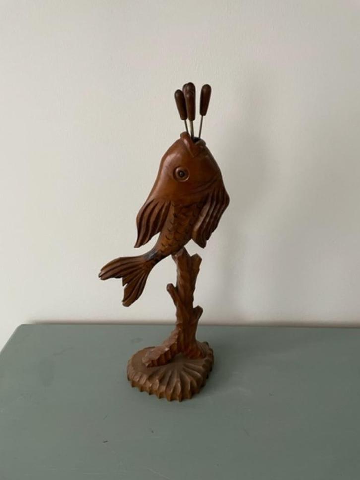 Houten vis met 6 vorkjes standaard. Retro / vintage / hout., Verzamelen, Retro, Huis en Inrichting, Ophalen