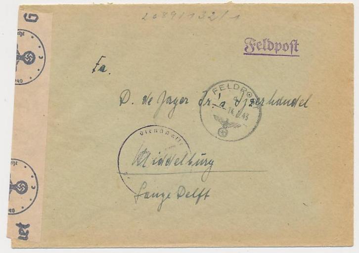Feldpost 48730 - Middelburg 1943 - WOII - Censuur, Postzegels en Munten, Brieven en Enveloppen | Nederland, Envelop, Verzenden
