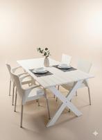 Witte eettafel met x poot, incl 4 stoelen, showroommodel, Ophalen, Nieuw