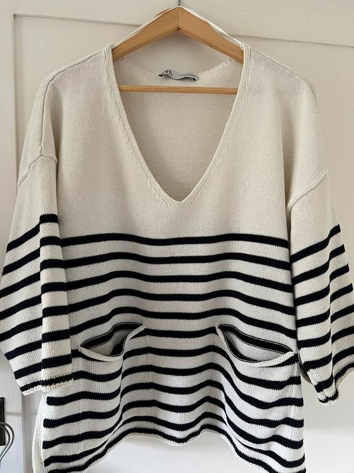 Trui, Zara, maat M / L, Bretonse streep blauw ecru, Kleding | Dames, Truien en Vesten, Zo goed als nieuw, Maat 42/44 (L), Beige