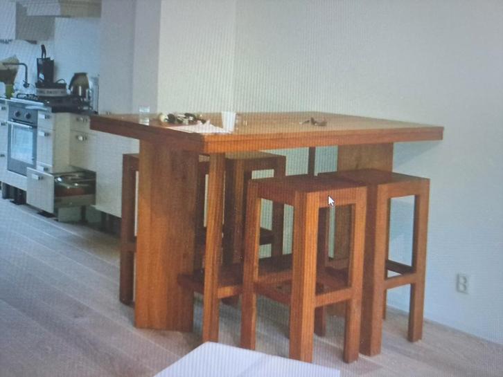 Teak houten bartafel/eettafel + 4 barkrukken, Huis en Inrichting, Tafels | Eettafels, Zo goed als nieuw, 50 tot 100 cm, 100 tot 150 cm