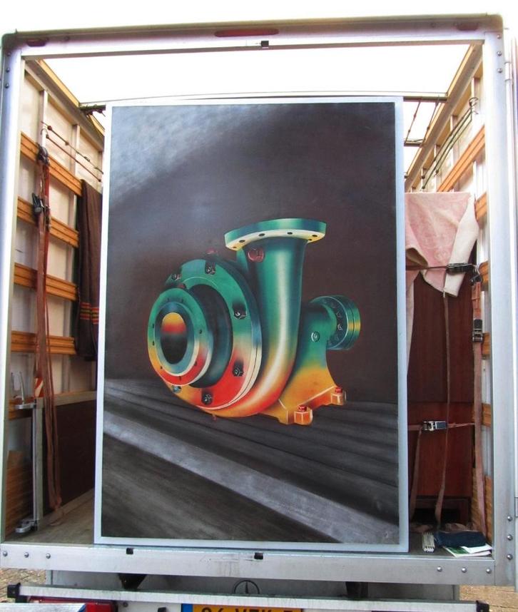 Groot vintage schilderij van machine pomp 1970s - 1980s, Huis en Inrichting, Woonaccessoires | Schilderijen, Tekeningen en Foto's