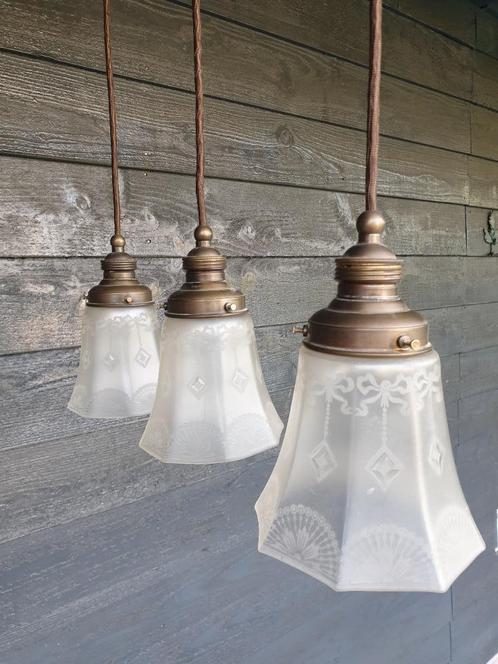 Art Nouveau/Jugendstil Hanglampen, Huis en Inrichting, Lampen | Hanglampen, Gebruikt, 75 cm of meer, Glas, Metaal, Ophalen of Verzenden