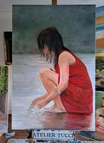 Olieverfschilderij 'Lady in red', 80x120 cm op linnen doek, Antiek en Kunst, Kunst | Schilderijen | Klassiek, Ophalen of Verzenden