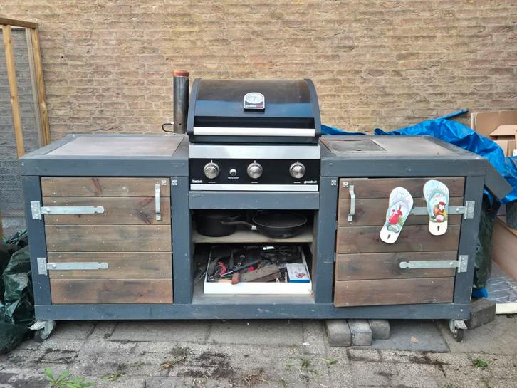 Zelfbouw Buitenkeuken met Grandhall BBQ & Koelkast, Tuin en Terras, Buitenkeukens, Gebruikt, Gas, Vrijstaand, Ophalen