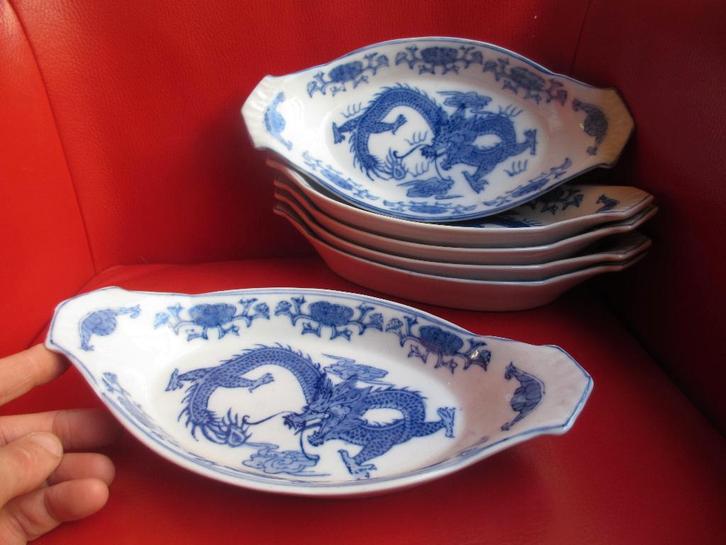 6x Chinees porceleinen schaaltjes ovaal draken motief 27cm, Antiek en Kunst, Antiek | Porselein, Ophalen of Verzenden