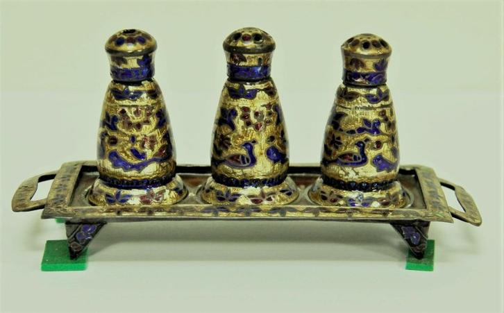 antiek, geëmailleerd glazen tafelset op zilveren onderstel, Antiek en Kunst, Antiek | Servies los, Ophalen of Verzenden