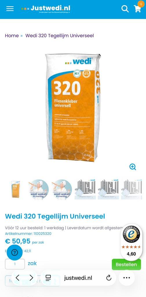 2 zakken Wedi 320 Tegellijm Universeel, Doe-het-zelf en Verbouw, Tegels, Nieuw, Overige typen, Overige materialen, 60 cm of meer