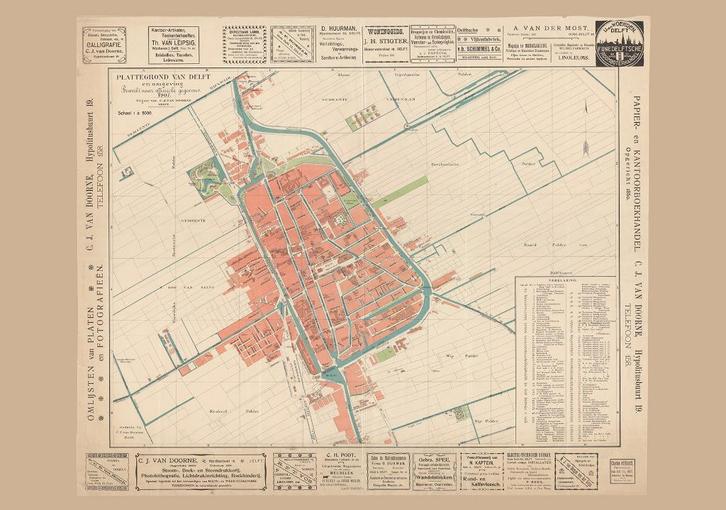 Grote landkaart plattegrond van Delft naar ontwerp uit 1907, Boeken, Atlassen en Landkaarten, Zo goed als nieuw, Landkaart, Wereld