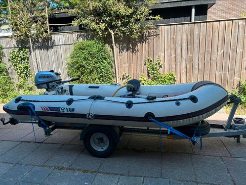 YAM 330s rubberboot en Honda 6pk aanhangmotor + aanhanger, Watersport en Boten, Rubberboten, Zo goed als nieuw, Yam, Aluminium