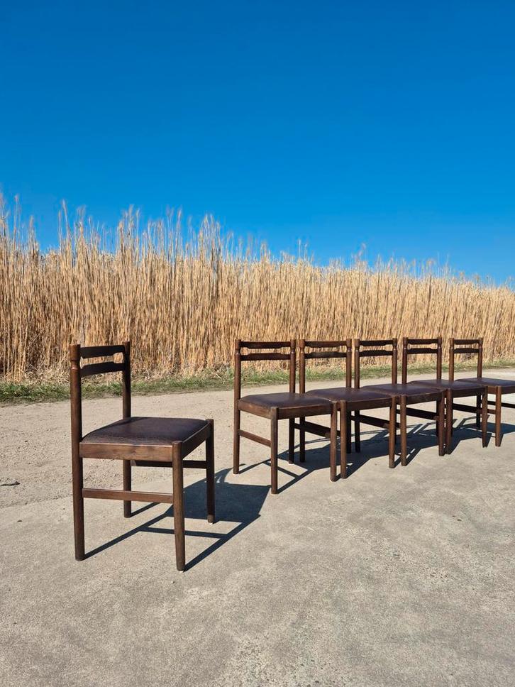 Set 6 - vintage jaren 60 70 eetkamerstoelen, Huis en Inrichting, Stoelen, Gebruikt, Bruin, Ophalen