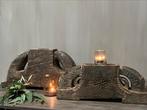 Poer ornament kandelaar oud hout india stoer sober landelijk, Huis en Inrichting, Woonaccessoires | Kandelaars en Kaarsen, Ophalen