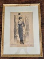Grote Art Deco gesigneerde prent Parijse mode ingelijst en, Ophalen of Verzenden