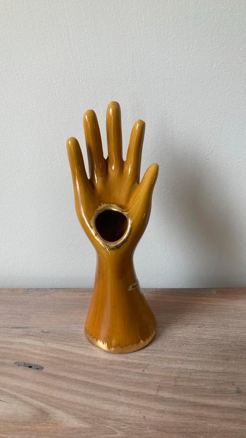 Vintage hand vaas okelgeel, kandelaar, Verzamelen, Retro, Huis en Inrichting, Ophalen of Verzenden