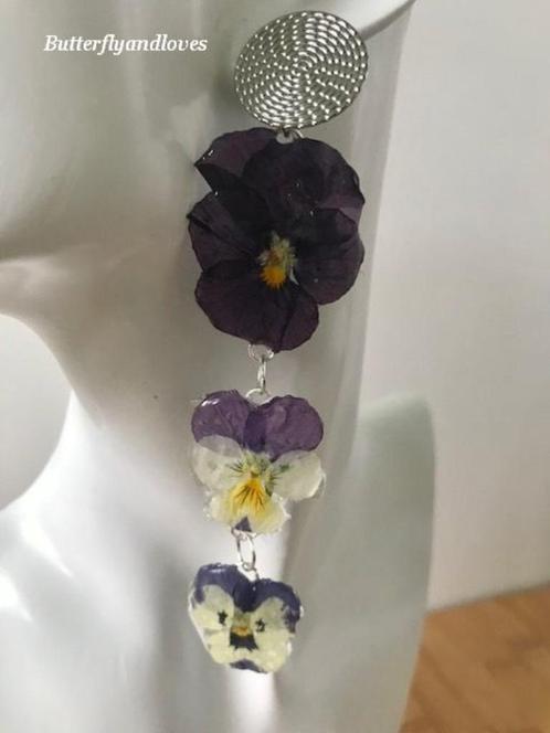 Statement oorbellen violen echte bloem Cadeau tip vrouw, Sieraden, Tassen en Uiterlijk, Oorbellen, Nieuw, Overige materialen, Ophalen
