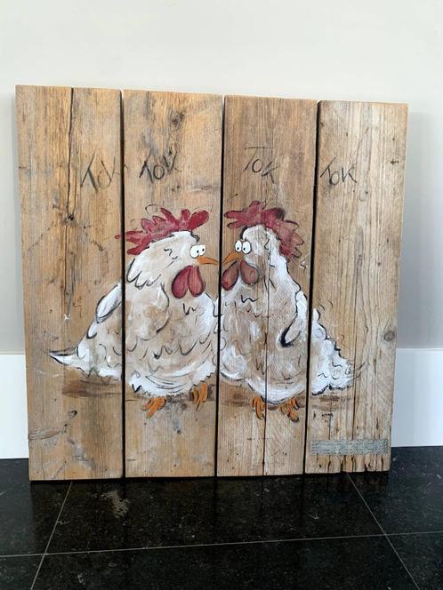 Schilderij op steigerhout ' twee tokkelende kippen op stok', Huis en Inrichting, Woonaccessoires | Schilderijen, Tekeningen en Foto's