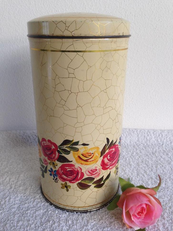 🌹Retro VERKADE Beschuitbus met Bloemendecor, jaren 60/70., Verzamelen, Blikken, Gebruikt, Beschuit, Verkade, Ophalen of Verzenden