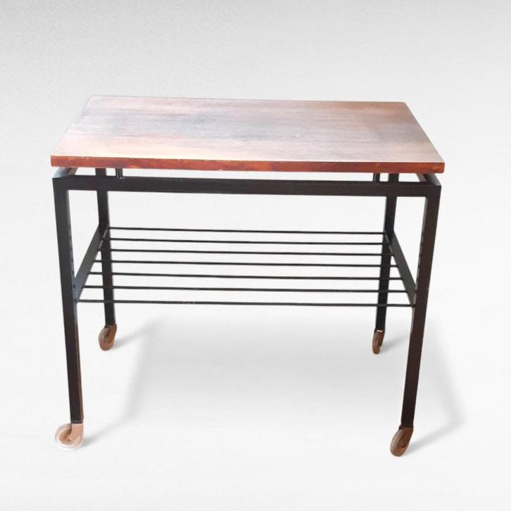 Vintage design serveertrolley teakhoutfineer metalen frame, Huis en Inrichting, Tafels | Bijzettafels, Gebruikt, Rechthoekig, 45 tot 60 cm