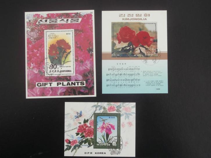 NOORD KOREA ; 3 BLOKKEN THEMA BLOEMEN, Postzegels en Munten, Postzegels | Thematische zegels, Gestempeld, Dier of Natuur, Verzenden